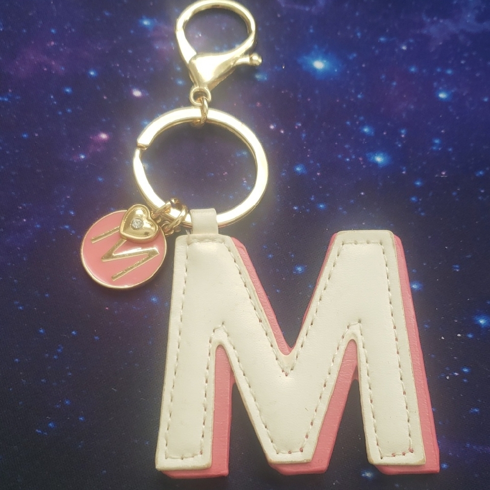 Pink & White 'M' Keychain With Charms